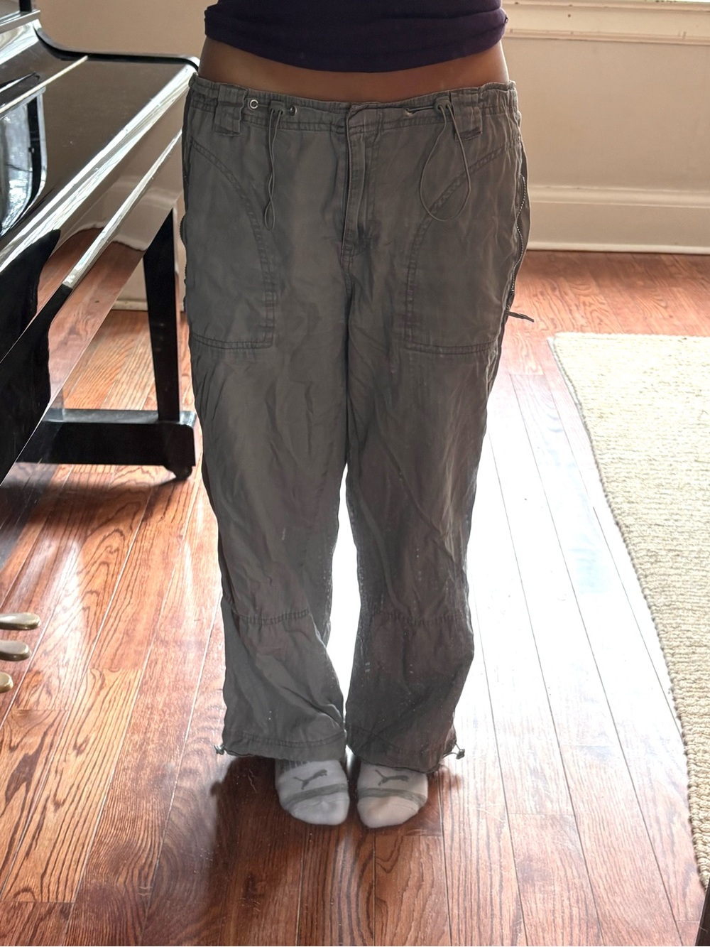 Vintage Etam Light Gray Cargo Low Rise Pants with Drawstring Toggle Waist